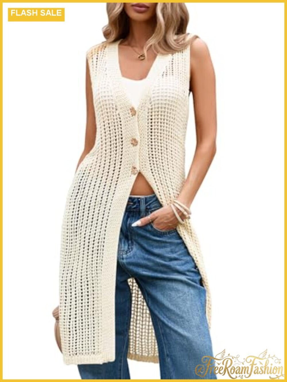 Crochet Knit Long Duster Cardigan Sleeveless Button Front Vest